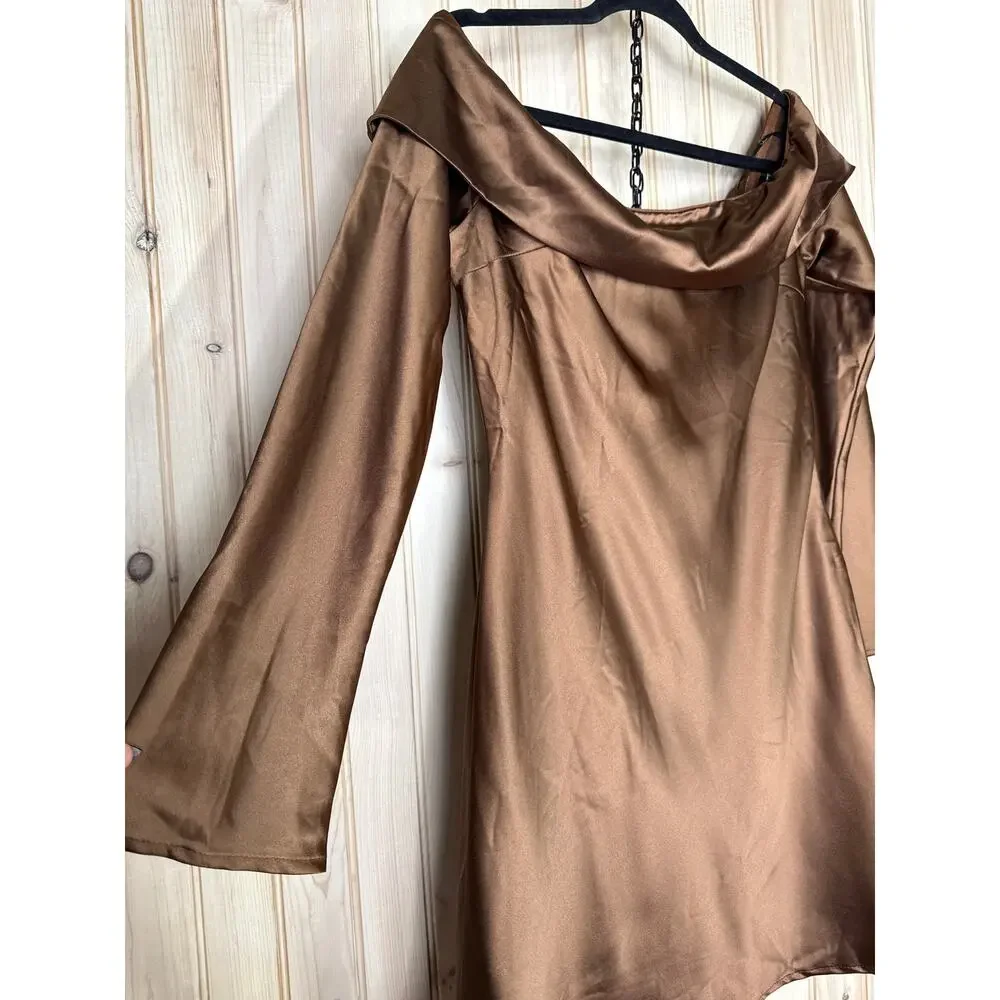 NWT Lulus Luxurious Vision Brown Satin Off-the-Shoulder Mini Dress Party Size L